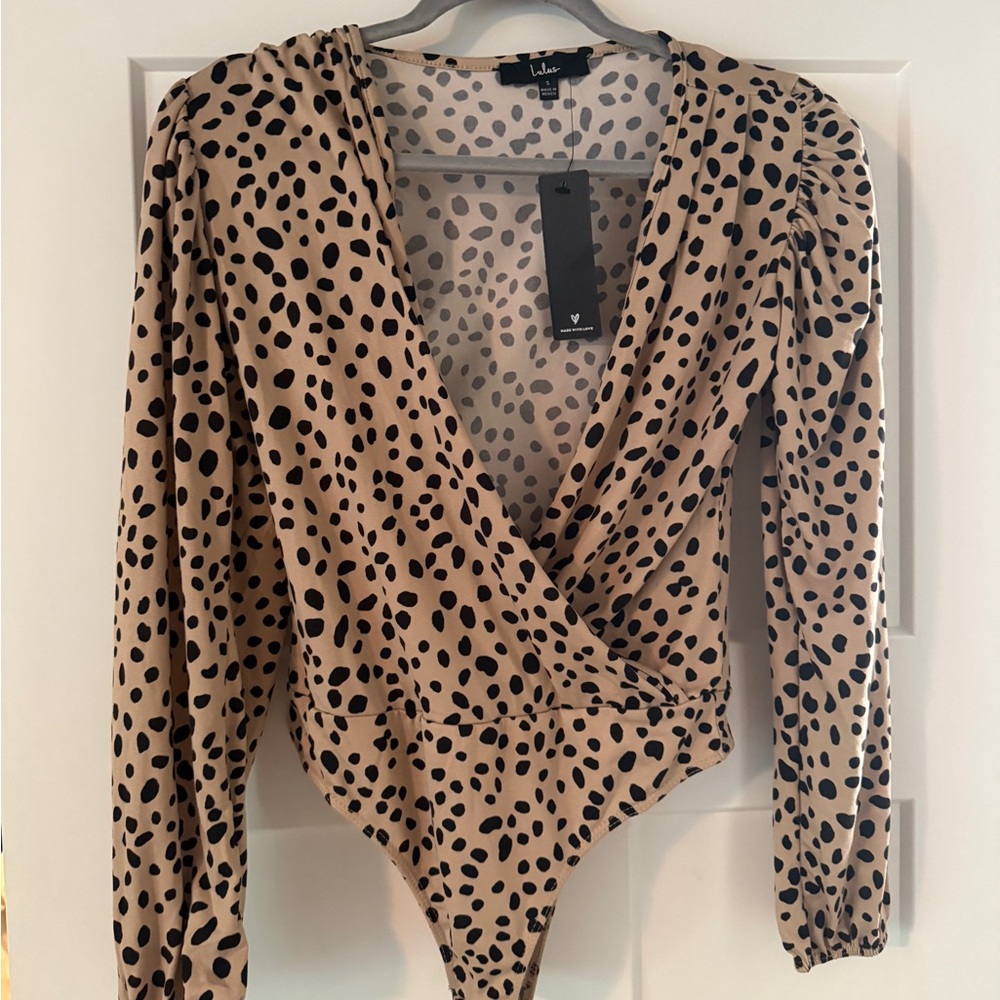Lulu's Black and Tan Spotted Wrap Bodysuit